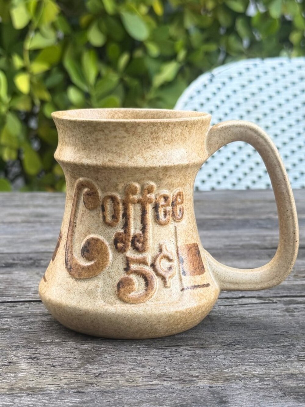 Vintage Pottery Craft USA "Coffee 5 Cents" Mug Cup Speckled Glazed Stoneware